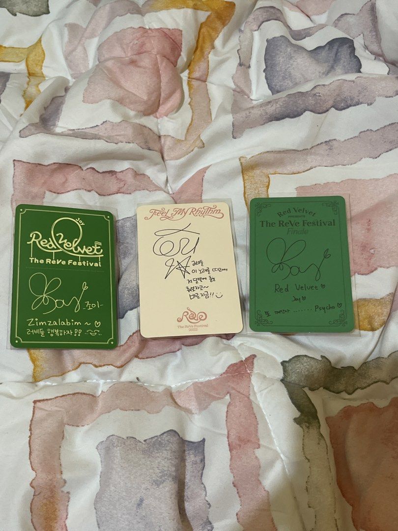 Red Velvet Photocards (Category: K-Wave) located in Manila. Submitted by truecat-afdc75 (Listing ID 1438904613, Image 2). Description: - 250 ea. 700 take all - Red Velvet photocards Joy and Irene - Includes signatures on the back.