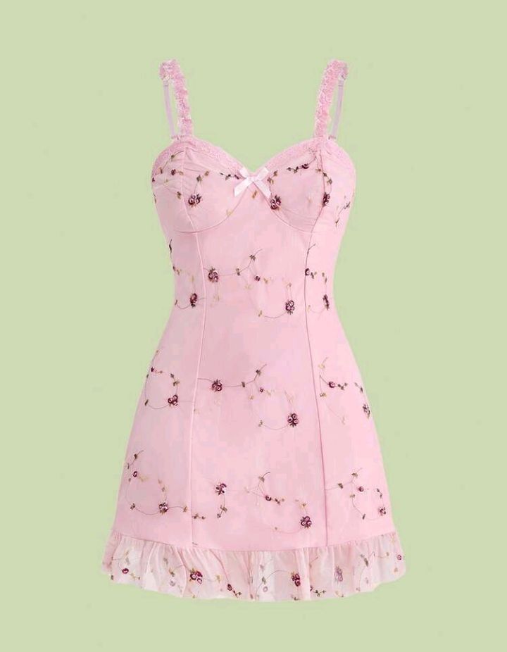 ROMWE Pink Coquette Mini Dress (Category: Dresses) located in Cavite. Submitted by pompompurines (Listing ID 1438223662, Image 2). Description: New pink dress with embroidered details, spaghetti straps, and a ruffled hem. Perfect for special occasions or summer. With tag attached. .