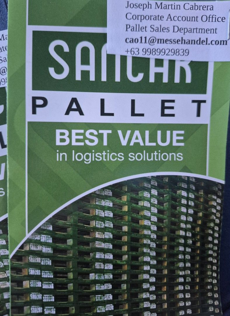 SANCAR Pallet - Pallet Rental (Category: Industrial Equipment) located in Pateros City. Submitted by joseph08051995 (Listing ID 1438977376, Image 1). Description: - SANCAR Pallets available for logistics solutions.(Pallet Rentals) - Contact Joseph Martin Cabrera, Corporate Account Officer, Pallet Sales Department. - Email: cao11@messehandel.com - Phone: +63 9989929839.