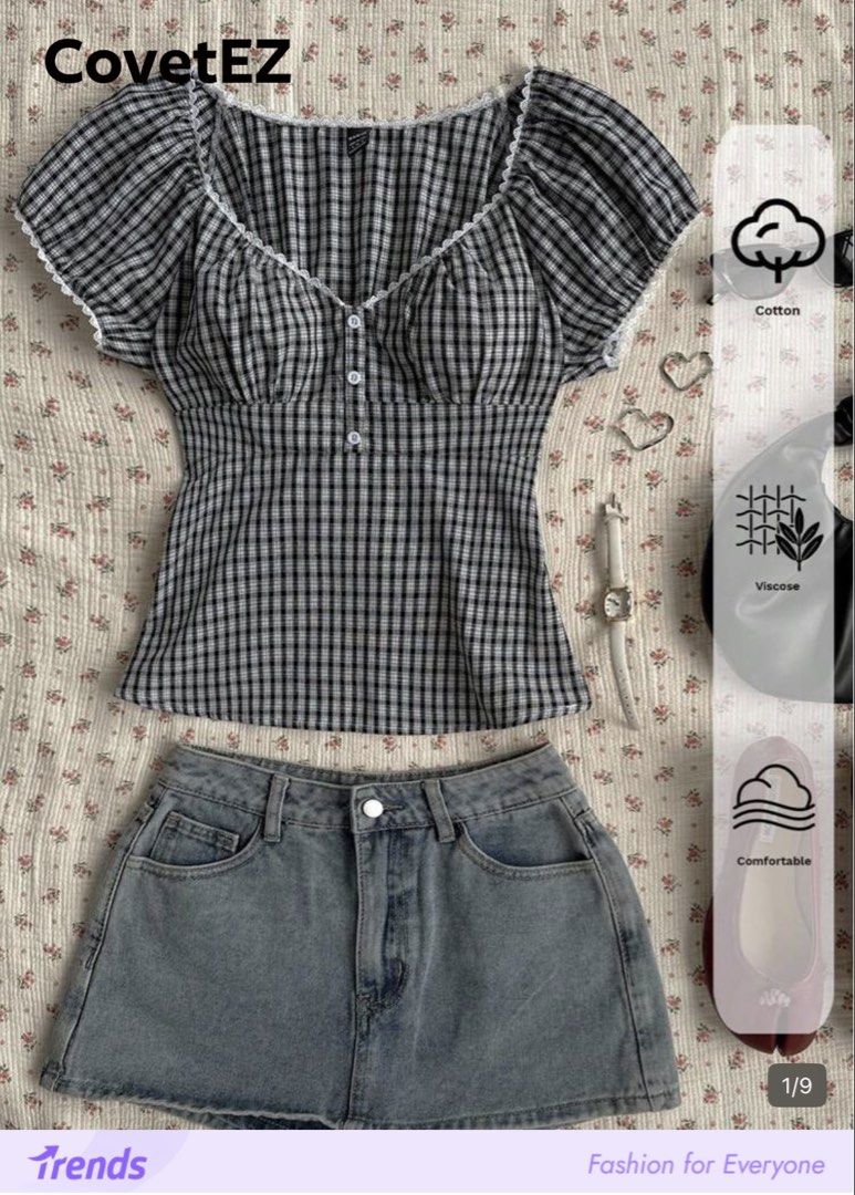 Shein Gingham Top with Lace Trim (Category: Sleeveless) located in Cabuyao City. Submitted by declutter_w_mee (Listing ID 1438886062, Image 3). Description: - Shein gingham top - Features delicate lace trim - Square neckline - Button-down front - Short sleeves - Fitted waist - Comfortable cotton-viscose blend - Suitable for various occasions.