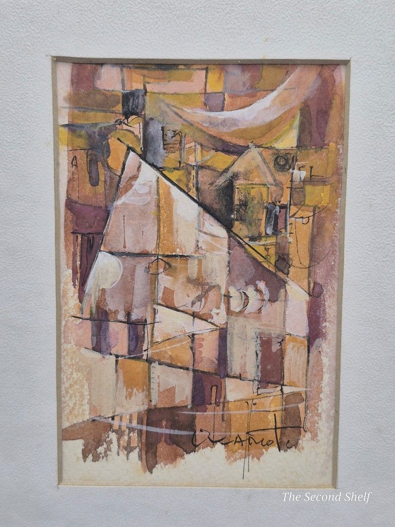 Signed Okamoto Abstract Painting on Paper (Category: Art & Prints) located in Santa Rosa. Submitted by thesecondshelf (Listing ID 1438957274, Image 2). Description: Signed Okamoto Abstract Painting on Paper Framed Mid Century Modern Japandi Art Price: ₱2,100 50% off until Aug 25 Details: Expressive abstract painting on paper signed “Okamoto,” featuring layered geometric forms and warm earthy tones. The composition carries a strong mid-century mod