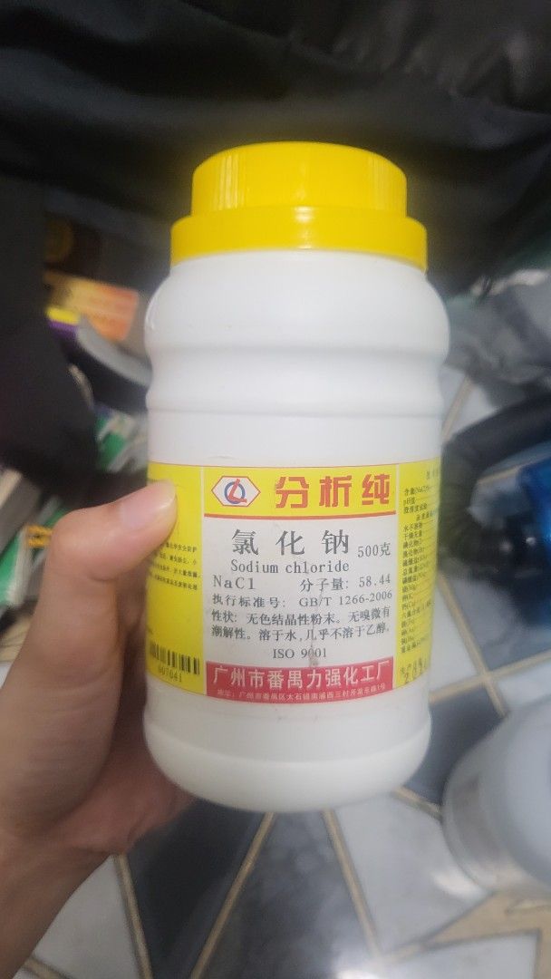 Sodium Chloride NaCl (Category: Medical Supplies & Tools) located in Cebu City. Submitted by rainy_scissors (Listing ID 1438914333, Image 1). Description: - 500g Sodium Chloride (NaCl) - White container with yellow cap - Sealed with foil - Suitable for industrial or laboratory use - Minor damage on container rim - 2 stock available. one is used and another has never been Used. Original Price: 1600 for 2 RFS: No longer needed.