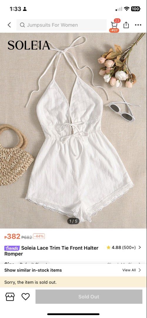 Soleia Lace Trim Tie Front Halter Romper (Category: Rompers) located in Caloocan City. Submitted by hangchic_ph (Listing ID 1438990437, Image 1). Description: - Soleia white romper - Halter neck design - Tie front detail - Delicate lace trim - Flattering V-neckline - Cinched waist for shape - Comfortable one-piece shorts - Ideal for a casual, summery look Small size Used once South location.