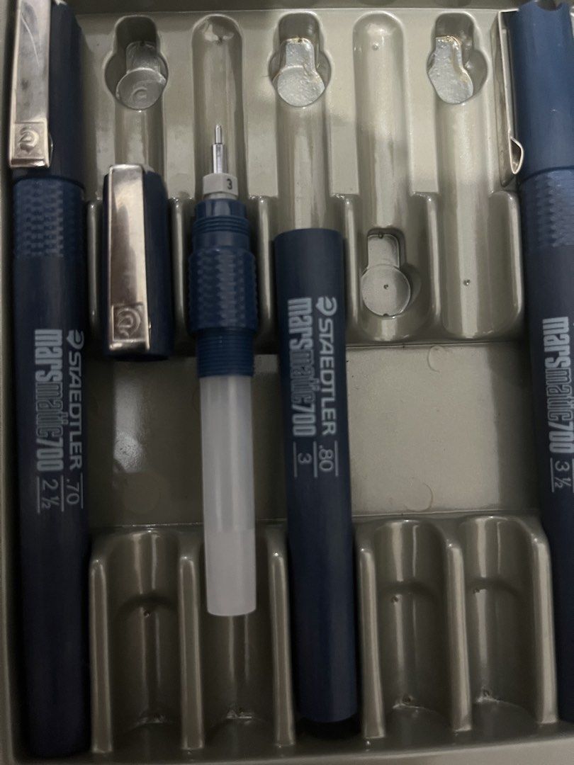 Vintage Staedtler Marsmatic 700 Technical Pens Set (Category: Stationery & School Supplies) located in Manila. Submitted by happywater-2af8 (Listing ID 1439010076, Image 3). Description: P1500 Take all Vintage Staedtler Marsmatic 700 technical pen. Not used kasi mas kailangan ko yung ibang point. 0.7mm - 600 0.8mm - 600 1.0mm - 600.