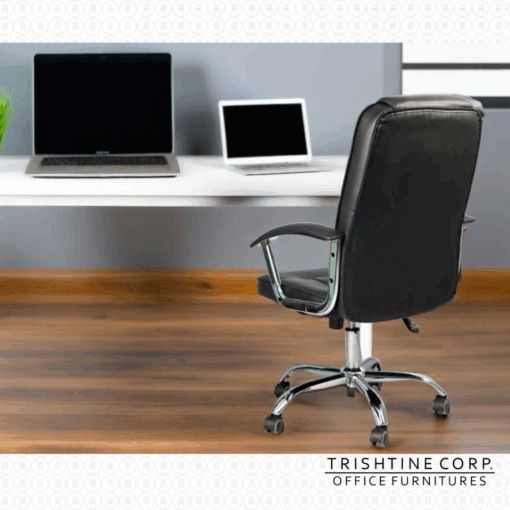 TEX-135 | High Back Leatherette Executive Chair (Category: Office Furniture & Fixtures) located in Caloocan City. Submitted by trishtine_jim9 (Listing ID 1438953979, Image 2). Description: - Black office chair from Trishtine Corp. - High-back design for added support. - Padded seat and backrest for comfort. - Features chrome armrests. - Five-star base with caster wheels for easy mobility. - Height adjustable. - Suitable for home or office use. DI