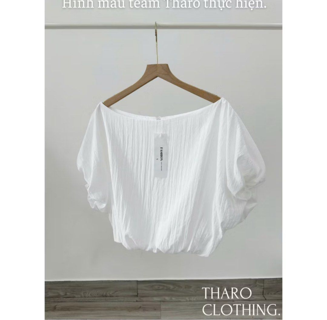 White Off-Shoulder Top (Category: Blouses) located in Caloocan City. Submitted by declutterbyA (Listing ID 1439021856, Image 1). Description: - Tharo Clothing off-shoulder top Vietnam clothing Size: Large Color: White Washed but never worn.