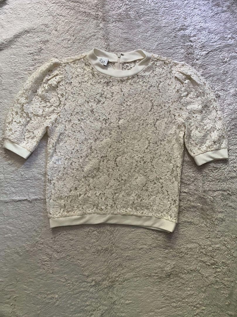 thrifted white lace zip top! chic, classy, never used (Category: Blouses) located in Manila. Submitted by ninsthings (Listing ID 1438960095, Image 1). Description: - original/authentic THE SURIAN lace top - gorgeous lace flower details! - fits small to medium frames - zip to close in the back - never worn out, not a flattering fit:(.