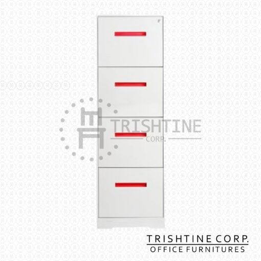 Trishtine Corp. 4-Drawer Filing Cabinet (Category: Office Furniture & Fixtures) located in Caloocan City. Submitted by trishtine_jim9 (Listing ID 1438899653, Image 1). Description: - White Trishtine Corp. filing cabinet - Four drawers with red handles - Vertical design - Metal construction - Lock on top drawer - Trishtine Corp. logo visible - Ideal for office use DISCLAIMER: Price is for Posting Purposes Only.