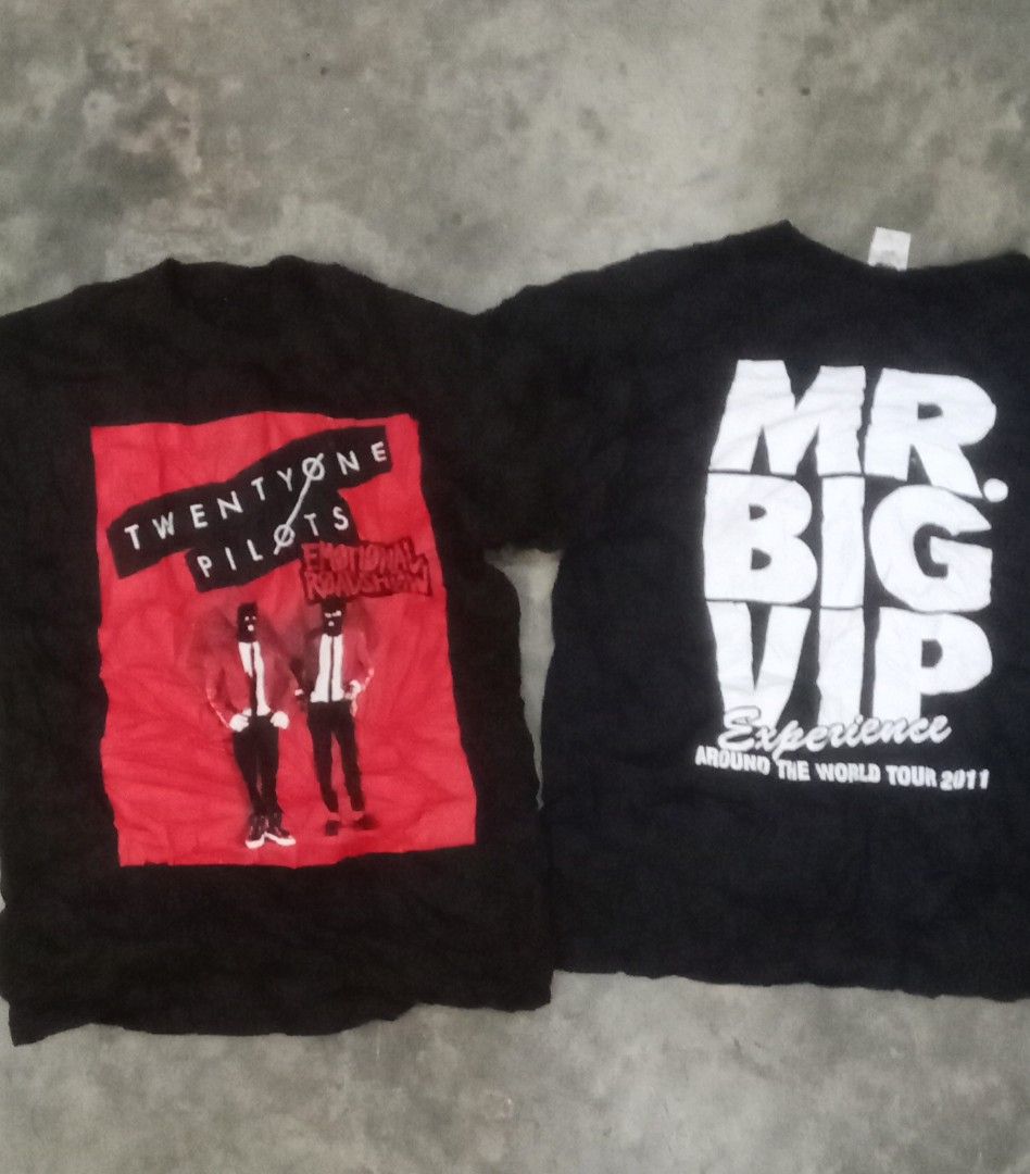 Twenty One Pilots & Mr. Big VIP T-shirts (Category: Tshirts & Polo Shirts ) located in Zamboanga. Submitted by rhadz04 (Listing ID 1439014548, Image 1). Description: - Two black graphic t-shirts - Shirt 1: Twenty One Pilots design with red background - Shirt 2: "MR. BIG VIP EXPERIENCE AROUND THE WORLD TOUR 2011" print - Ideal for fans of Twenty One Pilots and Mr. Big.