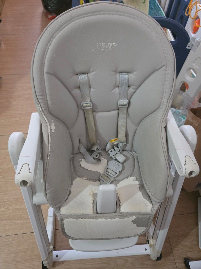Used 5in1 Snug Lab High Chair (Category: Baby High Chairs) located in Manila. Submitted by pre.loved.declutterx (Listing ID 1438907120, Image 3). Description: - 5in1 Snug Lab High Chair (Rocking, With wheels, space saver, adjustable height) - Includes tray and safety harness - Color: White and gray - Seat cushion with wear and tear - Price: ₱1,500.