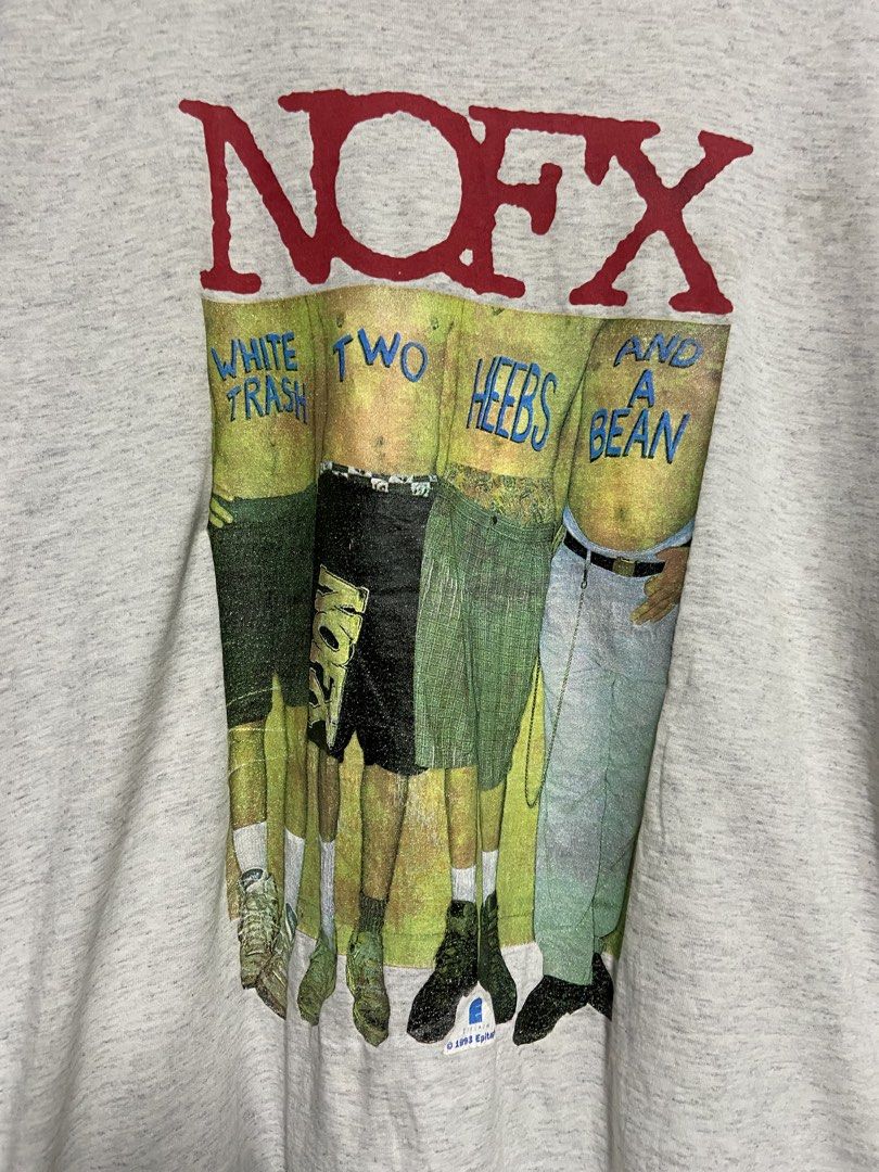 VINTAGE NOFX Fat Wreck Chords (Category: Tshirts & Polo Shirts ) located in Binan City. Submitted by doze16 (Listing ID 1439038249, Image 2). Description: - Vintage NOFX band t-shirt - Features "White Trash, Two Heebs, and a Bean" album art on the front - Includes Fat Wreck Chords logo on the back - Made by Oneita Power/50 Plus - Made in Mexico - Dated 1993 - Epitaph label.