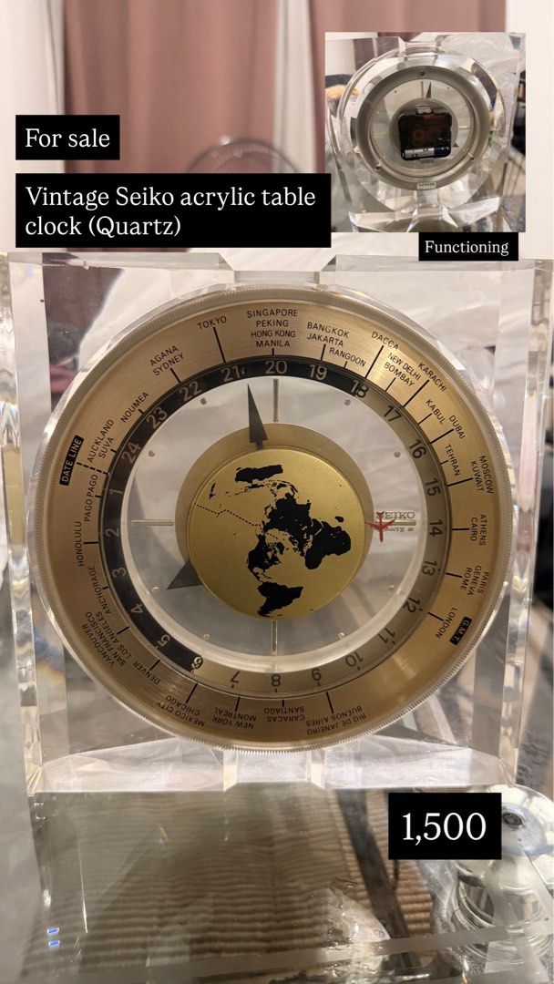 Vintage Seiko Quarts Acrylic Table Clock (Category: Clocks) located in Quezon City. Submitted by cookiecreammm (Listing ID 1439009723, Image 2). Description: With slight scratches Functioning .