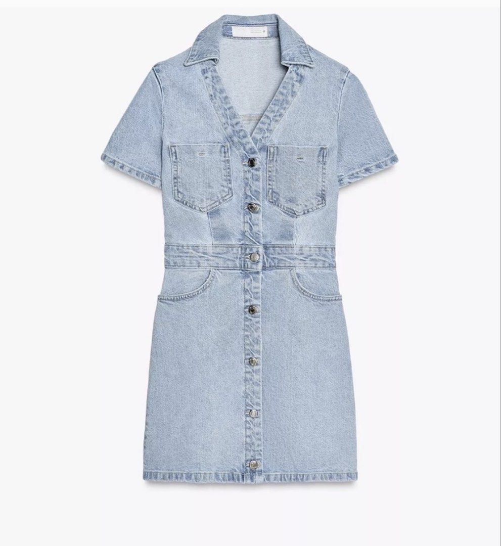 Zara Light Blue Denim Mini Dress (Category: Dresses) located in Manila. Submitted by urbantrendsetter (Listing ID 1439035237, Image 1). Description: Ladies Zara Light Blue Z1975 Denim Mini Dress. Dress with a Johnny collar and turn-up short sleeves. Front pockets and rear patch pockets. Faded effect. Lightly distressed around the neckline and pockets..