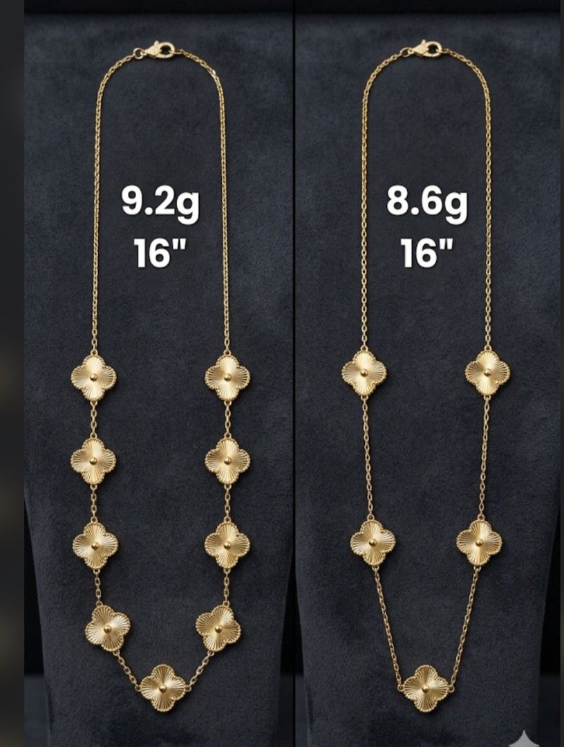 18k Gold Clover Necklace (Category: Necklaces) located in Marikina City. Submitted by dgoldhub (Listing ID 1439141904, Image 1). Description: - 18k Gold clover necklace - Available in 9.2g and 8.6g - 16-inch length - Delicate chain with clover pendants - Perfect for everyday wear or special occasions - sold as per gram - price may change depending on the gold market .