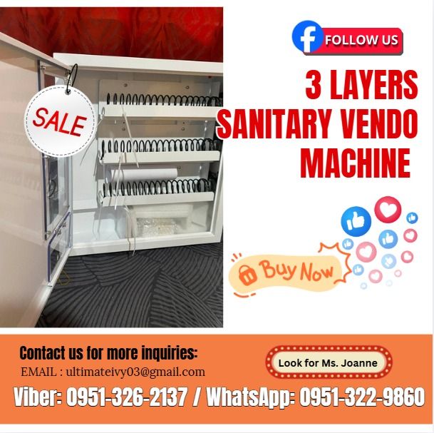 3 Layers Sanitary Vendo Machine Onhand Now (Category: Everything Else Others) located in Caloocan City. Submitted by lyracrimso54467 (Listing ID 1439158753, Image 1). Description: 1. Machine Size: W52*D12.5*H54cm; N. Weight, 13Kg, and g.weight:14kg 2. Selections: 3types, column length 370mm 3. Capacity: 8-20pcs of each, total 24-60pcs 4. Coin mech 1-2coins 5. Full mechanical vending machine, 3 columns are worked with 3 coin mechs, only accept coi