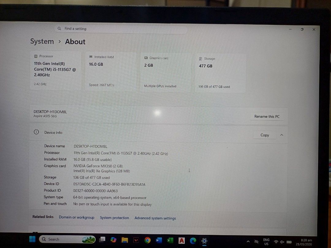 Acer Aspire 5 Laptop (Category: Laptops & Notebooks) located in Daet. Submitted by delacruzke58368 (Listing ID 1439071097, Image 1). Description: - Acer laptop - Intel Core i5-1135G7 processor - 16GB RAM - 477GB SSD - 2GB Graphics Card GeForce MX350 - 1080p Display - Silver Finish - Standard Black Keyboard - 15.6 inch display Issue: May dents na sa laptop and nabura na yung sticker. May maliit na white spot din sa LCD. Sabog na rin ang speaker ka