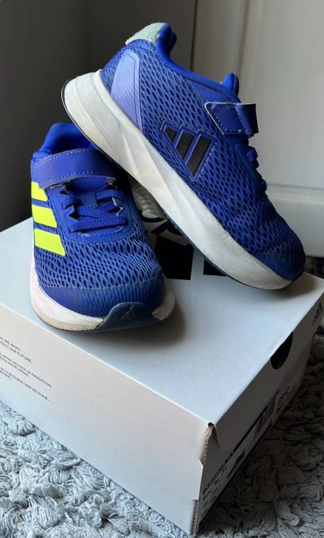 Adidas Kids' Running Shoes (Category: Babies & Kids Fashion) located in Paranaque City. Submitted by tomato100 (Listing ID 1439202683, Image 1). Description: - Adidas kids' running shoes - Easy on/off with hook-and-loop strap - Comes with original box .