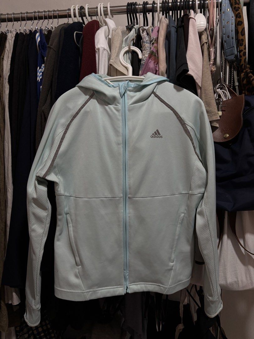 Adidas track jacket (Category: Coats, Jackets and Outerwear) located in Cabuyao City. Submitted by nevernotdecluttering (Listing ID 1439235593, Image 1). Description: decluttering issue: lost zipper pull, discoloration on sleeve hem, signs or wear on reflective strips has reflective strips will remove lint and fuzz prior shipping +70~ish for J&T's medium pouch first to pay basis.