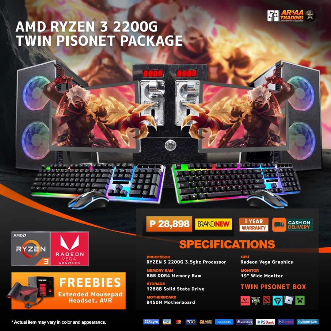AMD A8-7680 Twin Pisonet Package (Category: Desktops) located in Quezon City. Submitted by laptopstore.ph (Listing ID 1439100367, Image 3). Description: Get ready to game with this twin Pisonet package! It features an AMD A8-7680 3.5ghz processor, 8GB DDR3 memory, and a 128GB SSD. Includes Radeon R7 graphics and a 19" wide monitor. Comes with freebies like an extended mousepad, headset, and AVR. Perfect for a gaming setup!.