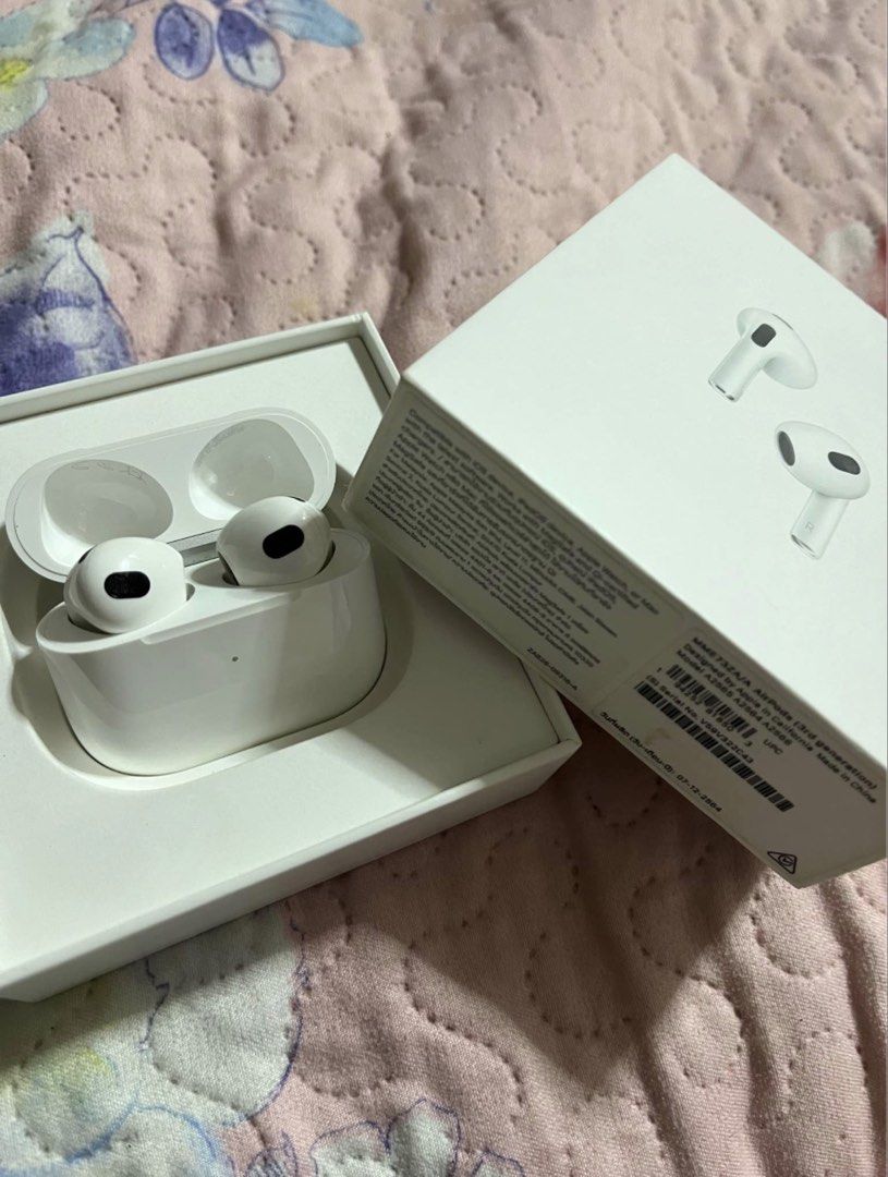 Apple AirPods (3rd generation) (Category: Earphones) located in Manila. Submitted by coolmoon.f413f9 (Listing ID 1439246222, Image 1). Description: - Apple AirPods (3rd generation) with charging case - Color: White (earphones and case) - Includes original box - Comes in original packaging - Includes Reciept Perfect condition no scratches no dumi Lady loved Complete everything with receipt Both earpieces need battery replacement di na sila gumagan