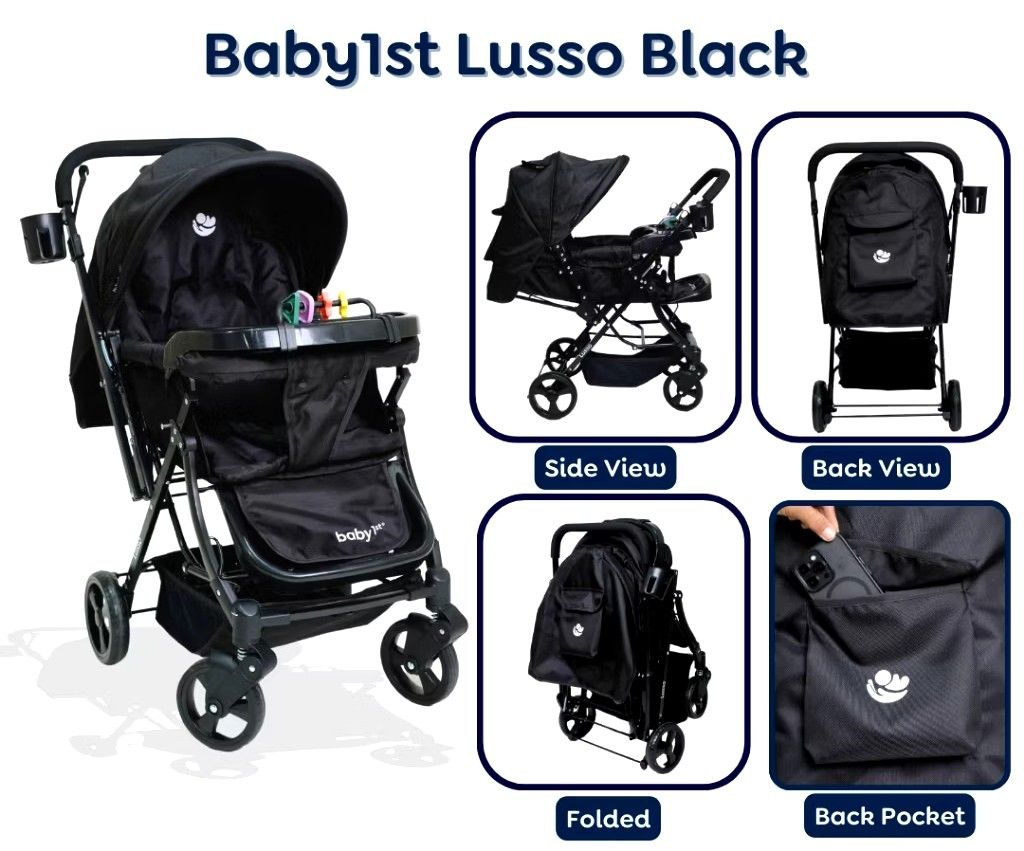 Baby1st Lusso Lightweight Stroller - Black (Category: Strollers) located in Quezon City. Submitted by jmbarbs (Listing ID 1439134895, Image 1). Description: Meet Your New Parenting Partner: The Baby1st Lusso Reversible Stroller 👼 👶 ✨ - Lightweight & easy to carry - Reversible handle for parent-facing or forward-facing use - Full reclining seat for naps - Includes food and tray bottle holder - Removable food tray with toys - 2-point seatbelt for