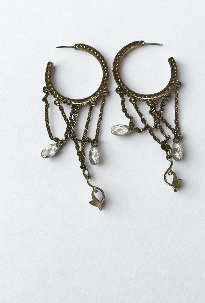 Baby Phat Gold Hoop DangleEarrings (Category: Earrings) located in Quezon City. Submitted by retro_chic25 (Listing ID 1439107360, Image 1). Description: - Gold hoop earrings - Dangling chains with clear crystal accents - Textured hoop design - Delicate chain details - Unique, flowing design - Adds sophistication to any outfit -Baby Phat Earrings .