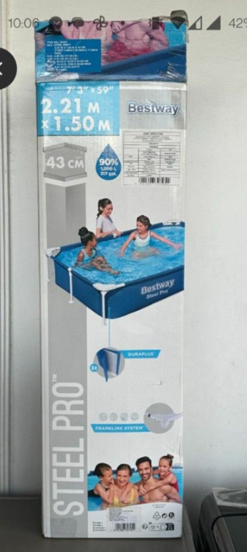 Bestway Steel Pro Above Ground Pool (Category: Outdoor Furniture) located in Paranaque City. Submitted by jmancera21 (Listing ID 1439184830, Image 1). Description: - Bestway Steel Pro above ground pool - Dimensions: 2.21m x 1.50m x 43cm - Includes the pool - Ideal for kids and family enjoyment - Easy to set up and store RFS: Too big.