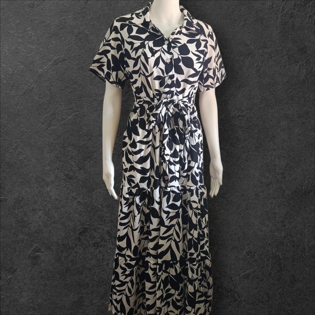 Black Leaf Print Maxi Dress with Collar (Category: Dresses) located in Manila. Submitted by grasyaaaaasb (Listing ID 1439092393, Image 1). Description: Item is Brand New Item is Ready to Ship Fabric: Premium Crepe Size: Freesize best fit small to xl Length: 50 inches from shoulders Colors Available Green on White Black on White Black on Skintone.