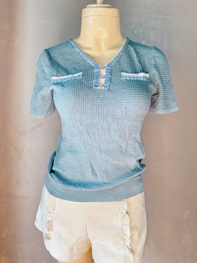 Blue V-Neck Top and White Shorts Set (Category: Blouses) located in Taguig. Submitted by maliascollection (Listing ID 1439190395, Image 2). Description: ⤵️PLEASE READ ME⤵️ 🧡To get this ITEM make an offer and kindly send your order form, name complete address and contact number together with screenshot of item/s. 📍Description: - Blue V-neck top - Textured waffle knit design - Short sleeves - Two chest pockets design - Three-button front -Fabric: