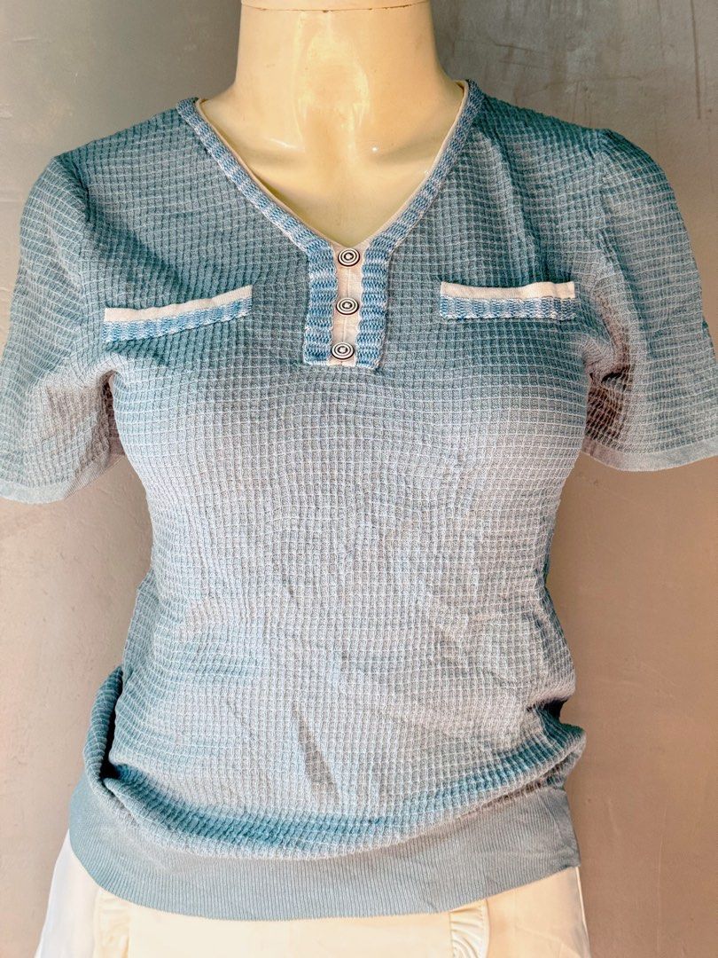 Blue V-Neck Top and White Shorts Set (Category: Blouses) located in Taguig. Submitted by maliascollection (Listing ID 1439190395, Image 3). Description: ⤵️PLEASE READ ME⤵️ 🧡To get this ITEM make an offer and kindly send your order form, name complete address and contact number together with screenshot of item/s. 📍Description: - Blue V-neck top - Textured waffle knit design - Short sleeves - Two chest pockets design - Three-button front -Fabric: