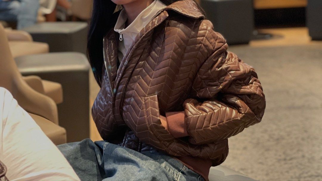 Brown leather Jacket (Category: Coats, Jackets and Outerwear) located in Pasig City. Submitted by dara1219 (Listing ID 1439249897, Image 2). Description: - Brown quilted jacket - Collared neckline - Zipper closure - Ribbed hem and cuffs - Chevron pattern - Comfortable and fashionable.