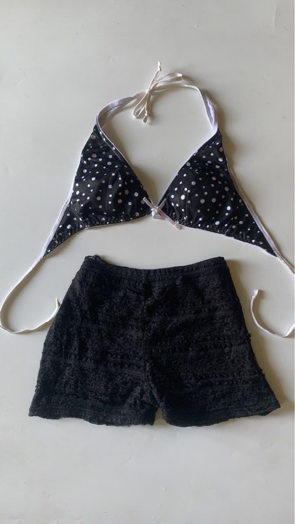 Bundle Polka bikini top & Boho black shorts (Category: Bikinis & Swimsuits) located in Dumangas. Submitted by lavish.ph_igshop (Listing ID 1439208905, Image 1). Description: Top: Size: XS-M, bust 32-35 Padded Minimal pink discoloration on small ribbon (does not effect the look) Bottom: Size: W 14.5(loose garter), L 11 .