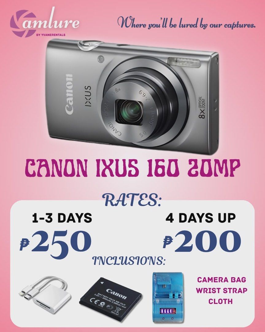 RENT OUR CANON IXUS 160 (Category: Cameras) located in Taguig. Submitted by camlurebyyvanerentals (Listing ID 1439149930, Image 1). Description: .