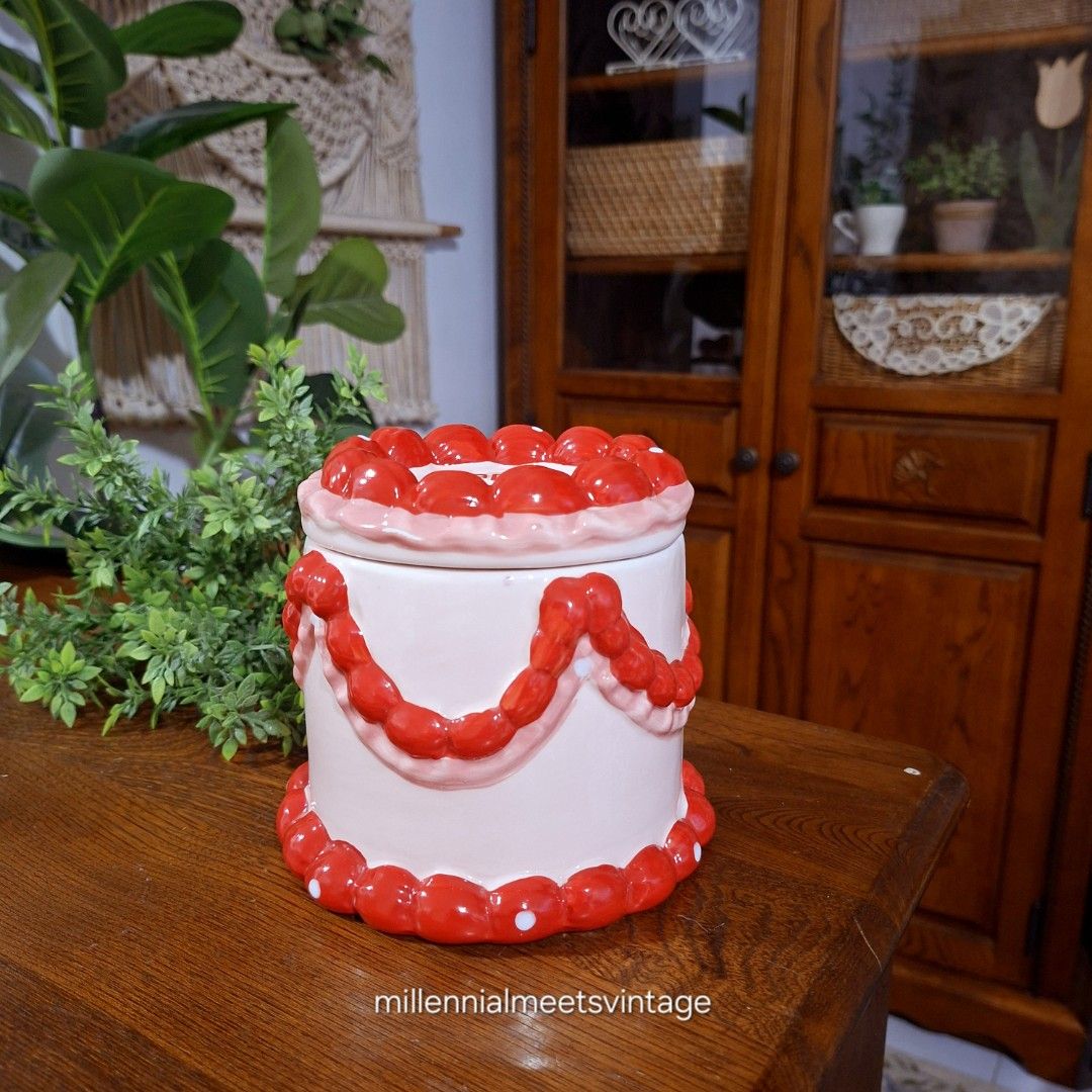 Ceramic birthday cake canister with lid (Category: Other Home Decor) located in Dasmarinas. Submitted by millennialmeetsvintage (Listing ID 1439210975, Image 3). Description: 2pcs available last price posted, no haggling 🙅🏻‍♀️ 🌍ships from DASMA, CAVITE 🚚 shipping via Lalamove only ❌no reservations, first-to-pay basis ❌no physical store, no walk-ins ❌no COD transactions.
