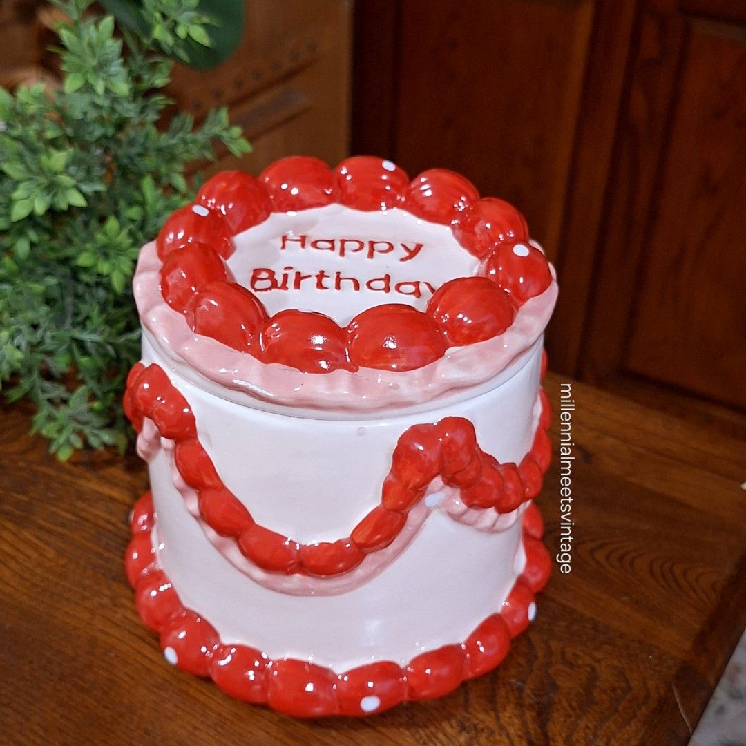Ceramic birthday cake canister with lid (Category: Other Home Decor) located in Dasmarinas. Submitted by millennialmeetsvintage (Listing ID 1439210975, Image 1). Description: 2pcs available last price posted, no haggling 🙅🏻‍♀️ 🌍ships from DASMA, CAVITE 🚚 shipping via Lalamove only ❌no reservations, first-to-pay basis ❌no physical store, no walk-ins ❌no COD transactions.