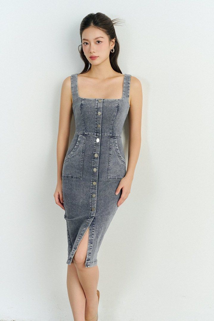 denim style dress Patchwork Boho Denim Midi Dress with Ruffle Hem Latte / Medium