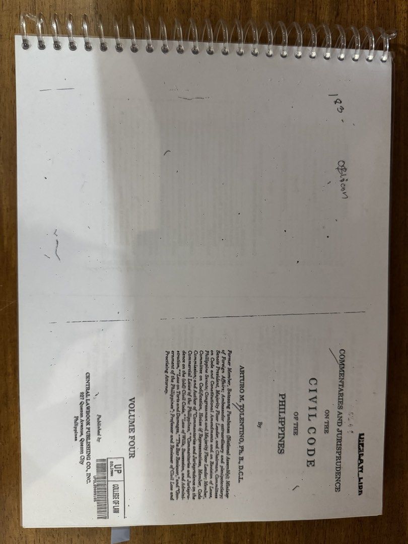 Civil Code of the Philippines Volume Four (Category: Textbooks) located in Quezon City. Submitted by isellthingspt2 (Listing ID 1439104408, Image 1). Description: - Civil Code of the Philippines, Volume 4 - Authored by Arturo M. Tolentino - Published by Central Lawbook Publishing Co., Inc. - RFS: Decluttering.