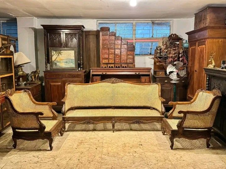 Cleopatra sala set (Category: Sofas) located in Manila. Submitted by carmelites36250 (Listing ID 1439197590, Image 2). Description: Vintage Cleopatra Sala Set Double Solihiya front and back Narra Wood 3 seater Length: 74 in Height: 37 in Width: 26 in 1 seater Length: 27 in Height: 37 in Width: 26 in ₱25k for the whole set.