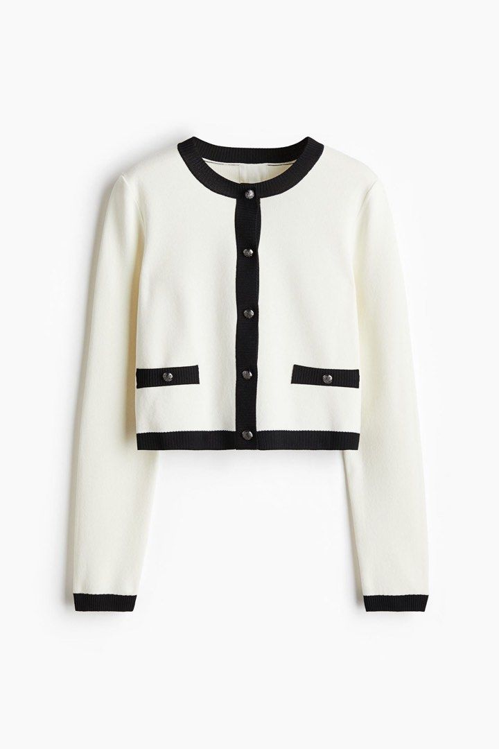 Cream and Black Cropped Cardigan (Category: Coats, Jackets and Outerwear) located in Quezon City. Submitted by _dcluttering (Listing ID 1439183240, Image 1). Description: - Cream-colored cropped cardigan - Black trim detailing - Round neckline - Long sleeves - Two front pockets - Decorative button closure.