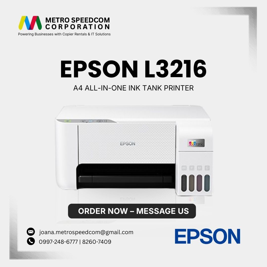 Epson L3216 EcoTank All-in-One Printer | Print Scan Copy (Category: Printers, Scanners & Copiers) located in Caloocan City. Submitted by metro_speed (Listing ID 1439081327, Image 1). Description: Selling Epson L3210 EcoTank All-in-One Printer Perfect for home, office, students, online business, and document printing needs. ✔ Print, Scan, Copy (3-in-1) ✔ EcoTank Continuous Ink System ✔ High-resolution printing up to 5760 x 1440 dpi ✔ Low-cost ink 