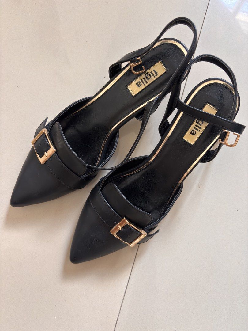 Figlia Black Heels with Buckle (Category: Heels) located in Manila. Submitted by only.the.goodstuff (Listing ID 1439161171, Image 2). Description: - Figlia black heels - Pointed toe design - Buckle detail - Slingback strap - Gold-colored heel accent - 2.5 inch heel - used only once in an event - PU leather - Fits 24.5cm foot; size 39 - original price is 1,799 RFS : hindi sanay sa heels :).
