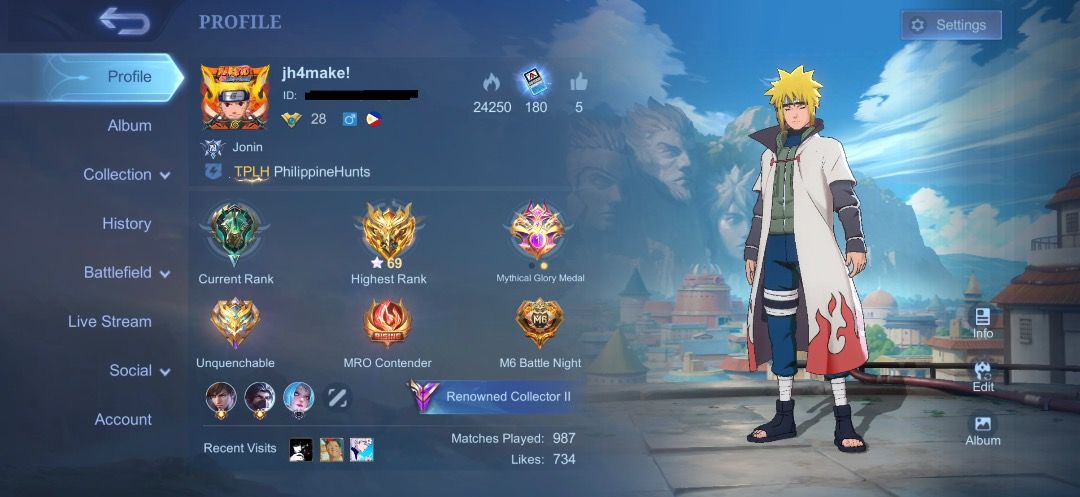 FOR SALE MOBILE LEGEND ACC (Category: Others) located in Caloocan City. Submitted by jake_neri10 (Listing ID 1439205724, Image 1). Description: • First Owner • Assassin (Jungler) Role • Good as New ML Acc for low Matches • Loading Effec (Naruto), Recall, Elimination, Spawn,) • Leader of Squad • Main Hero Hayabusa • 144 Skin (HIGHLIGHT SKIN) ✅ Naruto Skin (Hayabusa, Gusion, Julian, Vale) ✅ Collctor Skin (Gusion, YSS, Lapu-Lapu) ✅ KOF (Aurora and K