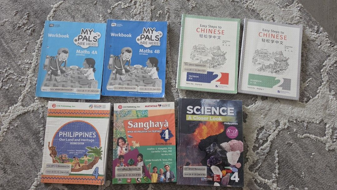 Grade 4 Educational Books (Category: Textbooks) located in Mandaluyong City. Submitted by peqxy (Listing ID 1439096830, Image 2). Description: Grade 4 educational books available - Includes: 1. My Pals are Here Math Workbook 4A & B (3rd edition) = P120 each or P200 for both books 2. Easy Steps to Chinese 2 Textbook & Workbook (2nd Edition) = P150 for textbook (Workbook⛔ SOLD 🚫) 3. Philippines Our Land and Heritage 4 (2md edition) = P280 4. Sangh