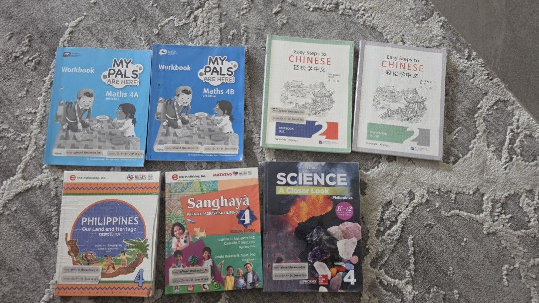 Grade 4 Educational Books (Category: Textbooks) located in Mandaluyong City. Submitted by peqxy (Listing ID 1439096830, Image 1). Description: Grade 4 educational books available - Includes: 1. My Pals are Here Math Workbook 4A & B (3rd edition) = P120 each or P200 for both books 2. Easy Steps to Chinese 2 Textbook & Workbook (2nd Edition) = P150 for textbook (Workbook⛔ SOLD 🚫) 3. Philippines Our Land and Heritage 4 (2md edition) = P280 4. Sangh