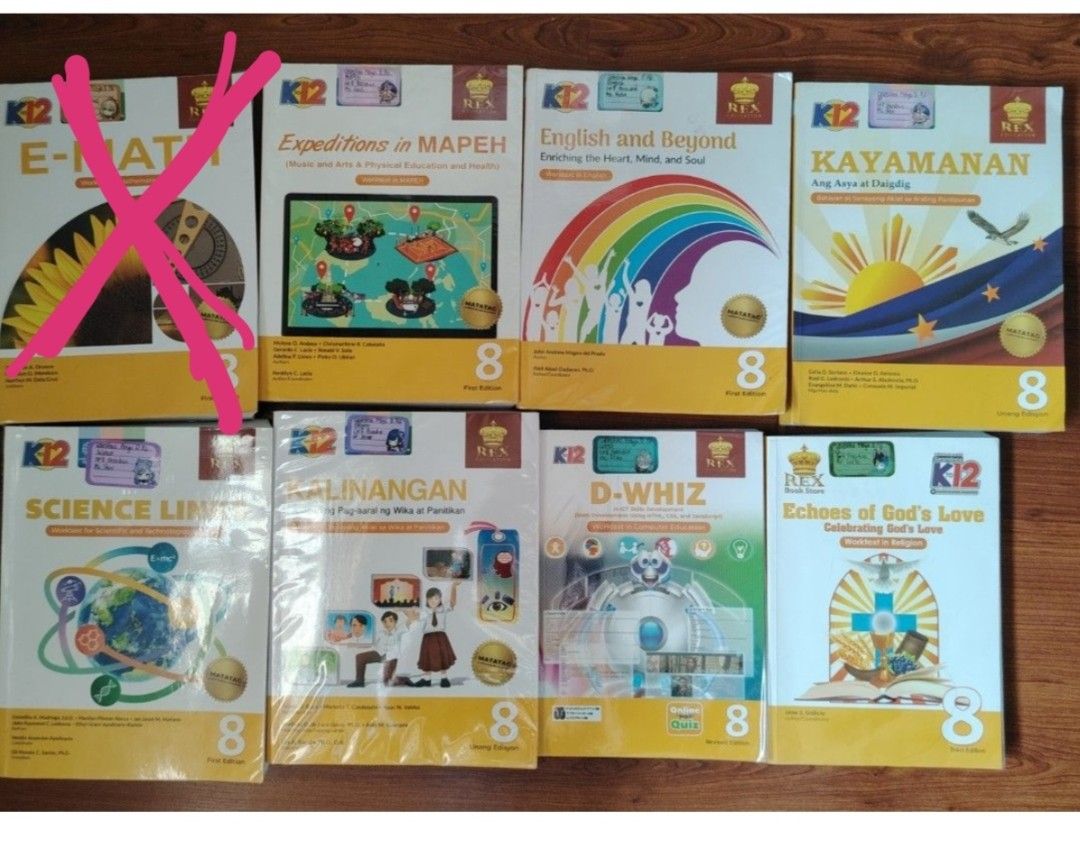 Grade 8 Books used (Category: Textbooks) located in Binan City. Submitted by myorangeshop (Listing ID 1434062763, Image 1). Description: Selling my Grade 8 textbooks – very good condition, almost no writing, clean pages, and well taken care of. ✨ Details: • Grade Level: Grade 8 • Condition: 9/10 (minimal to no writings, no torn pages) Math, English, Science, Filipino,mapeh,... • Selling price: ₱480 📍 Location:Binan City 🚚 Meetup / Shipping avai