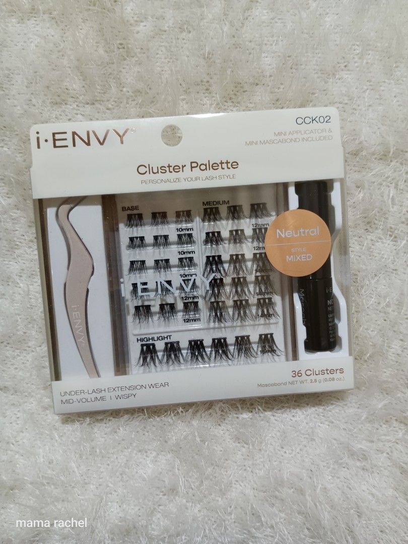 i-ENVY Cluster Palette CCK02 (Category: Makeup) located in Binan City. Submitted by mamarachelshop (Listing ID 1439131909, Image 1). Description: - i-ENVY Cluster Palette with 36 clusters - Includes mini applicator and mini mascara bond - Achieve under-lash extension look - Features mid-volume and wispy styles - Lash lengths: 10mm, 12mm, 14mm, 16mm - Contains base, medium, and highlight lash styles.