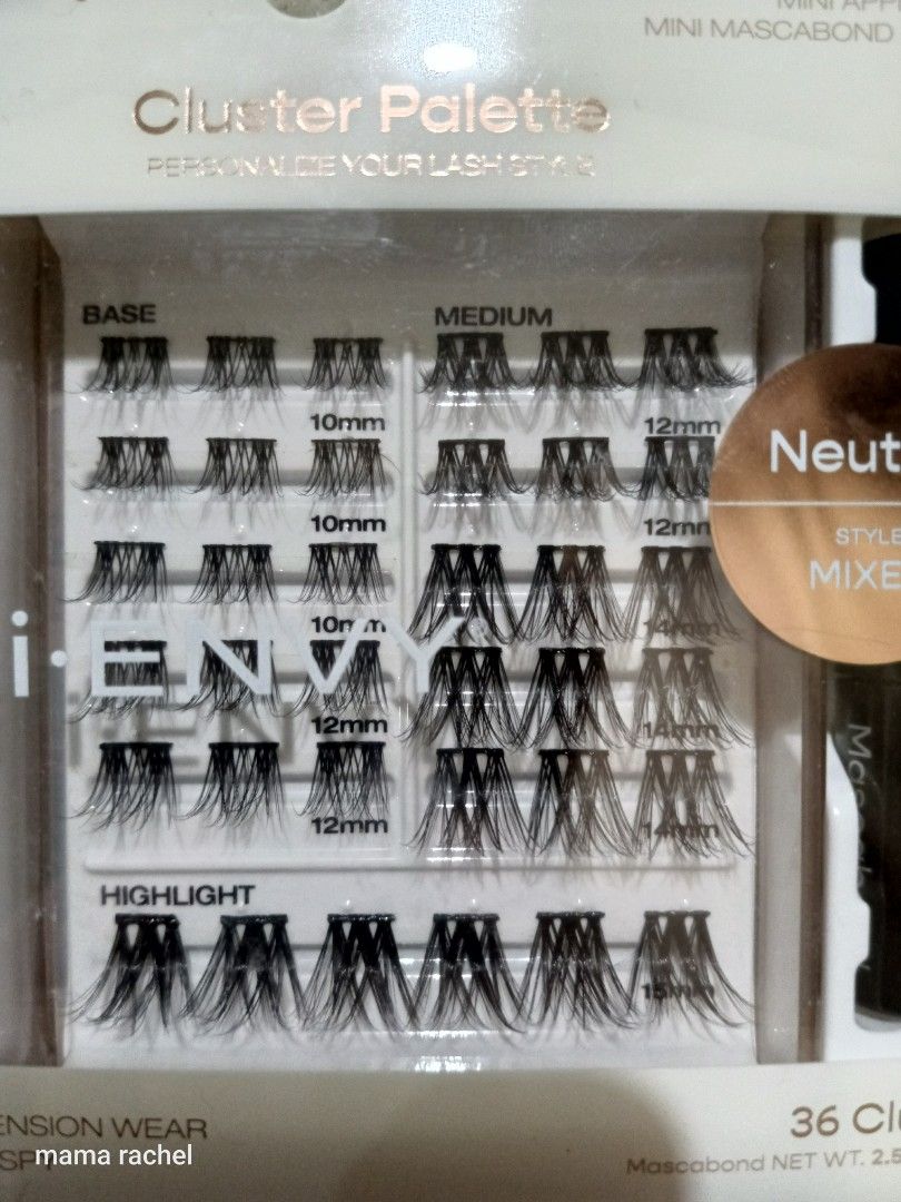 i-ENVY Cluster Palette CCK02 (Category: Makeup) located in Binan City. Submitted by mamarachelshop (Listing ID 1439131909, Image 2). Description: - i-ENVY Cluster Palette with 36 clusters - Includes mini applicator and mini mascara bond - Achieve under-lash extension look - Features mid-volume and wispy styles - Lash lengths: 10mm, 12mm, 14mm, 16mm - Contains base, medium, and highlight lash styles.