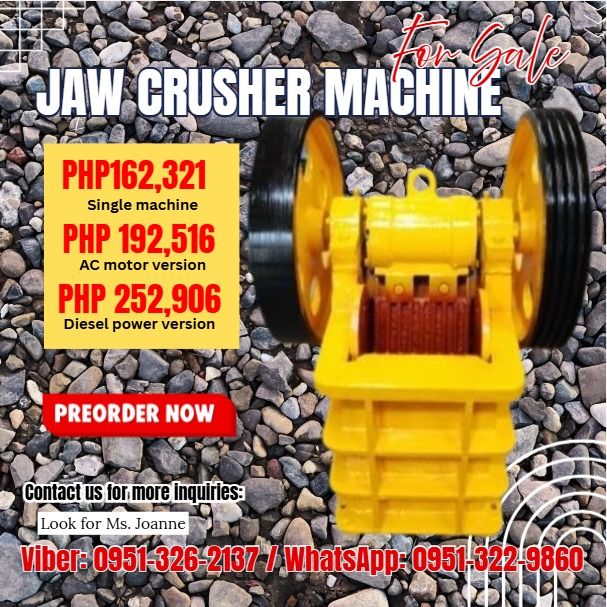 Jaw Crusher Machine Model: 150x250 Capacity: 1-3 tons/hour (Category: Home Improvement Tools & Accessories) located in Malabon City. Submitted by moannataga43633 (Listing ID 1439155283, Image 1). Description: Single machine price: PHP162,321 AC motor version: PHP 192,516 Diesel power version: PHP 252,906 Model: 150x250 Feed opening size: 150x250mm Output adjustable range: 10-40mm Capacity: 1-3 tons/hour Motor: 5.5 kw Diesel: 12 hp single cylinder