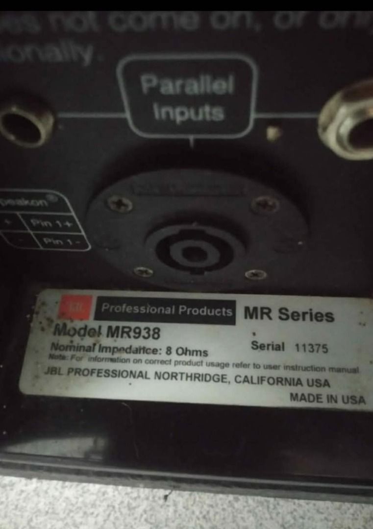 JBL MR938 Professional Loud Speakers (Category: Soundbars, Speakers & Amplifiers) located in Las Pinas. Submitted by marlene.d (Listing ID 1439238663, Image 3). Description: MADE IN USA JBL MR 938 3 way 350 watts 8 ohms 100db. 18 inches woofer, 10 inch midrange, titaniun compression tweeter. 101 pounds, size 33x28x18 inch. fresh goodcon all orig inside out. Very loud punchy clean sound good for audiophile use also. and events. Sounds comparable t
