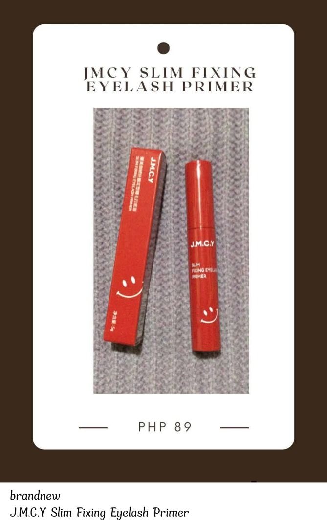 J.M.C.Y Slim Fixing Eyelash Primer (Category: Makeup) located in Batangas. Submitted by bibliotale (Listing ID 1439118292, Image 1). Description: MOD: J&T MOP: GCASH - J.M.C.Y Slim Fixing Eyelash Primer - Comes in a red tube and box - Features a smiley face design - Price: PHP 89.